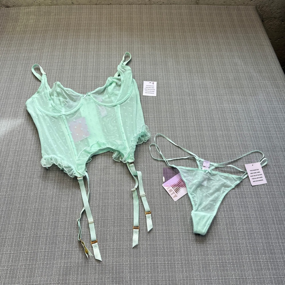New Savage X Fenty Mint Green Polka Dot Mesh Corset Garter Top and Thong Set XL
